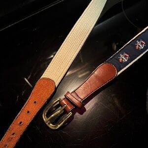 Leather belt with brass buckle and nautical print, preppy Tan and Cream 32 inch